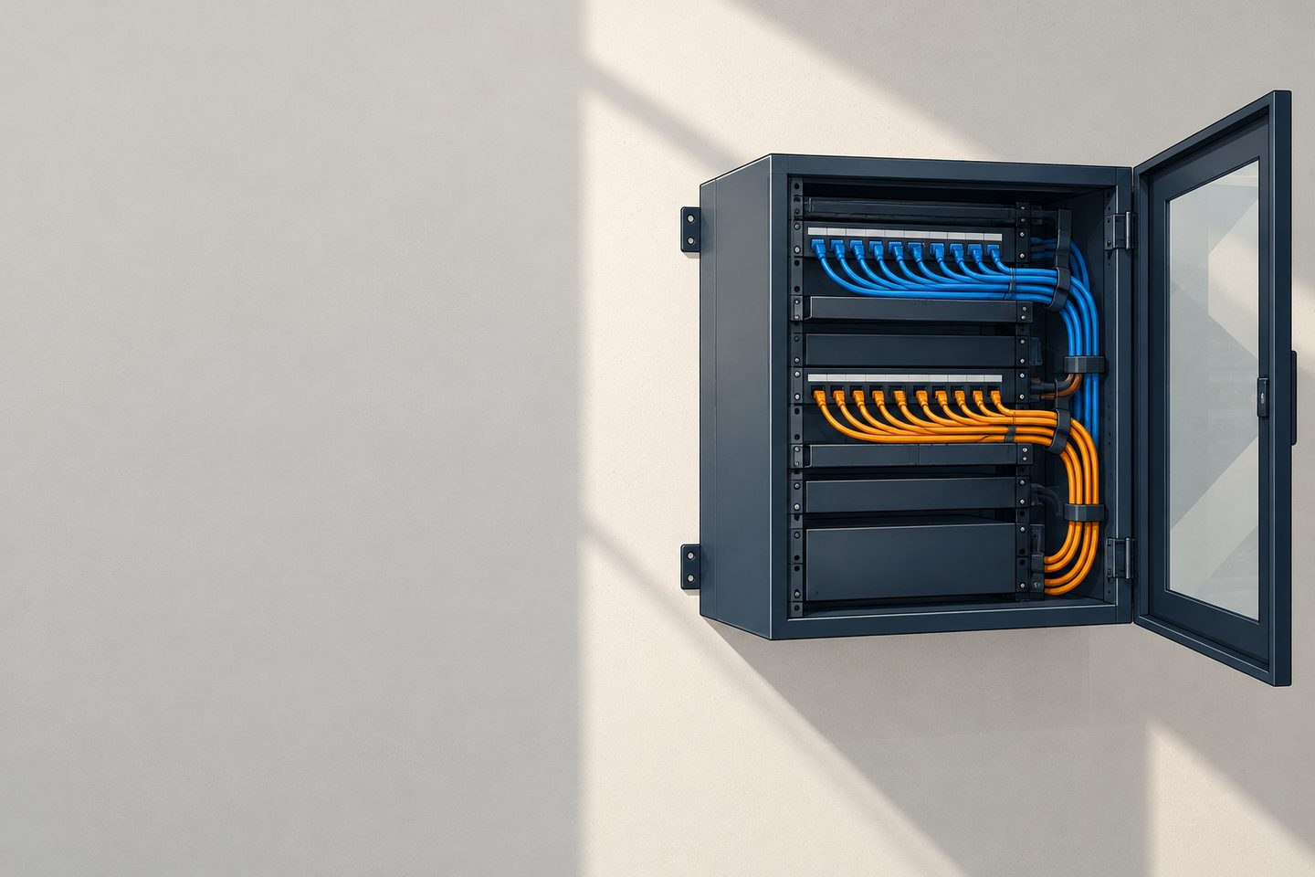 Illustration of a small wall-mounted comms cabinet with neatly routed blue and orange patch cables, door open. Illustration, not this company's equipment or a client installation.
